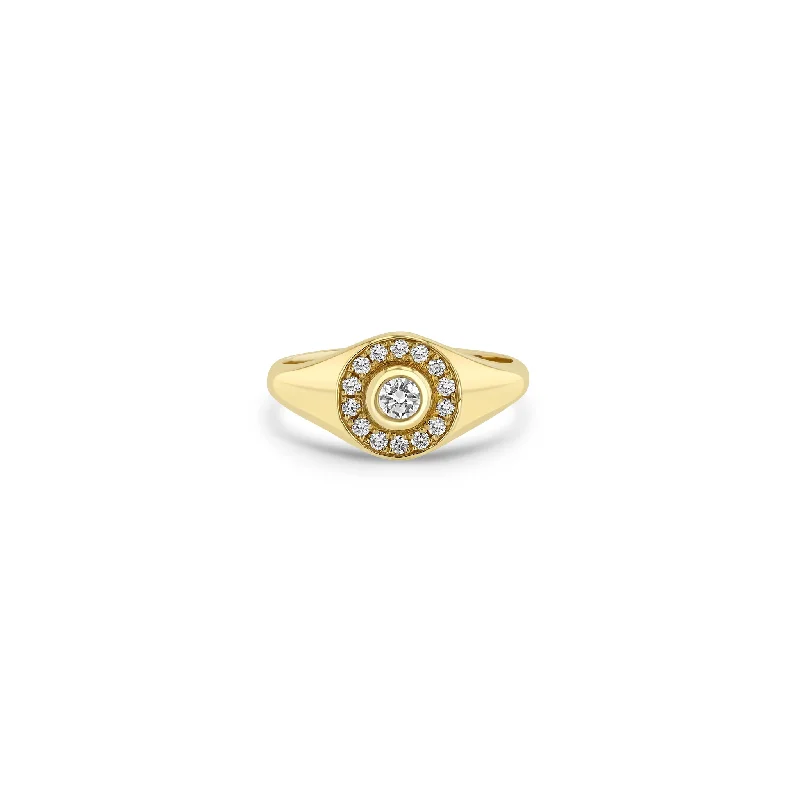 14k Round Diamond Halo Signet Ring