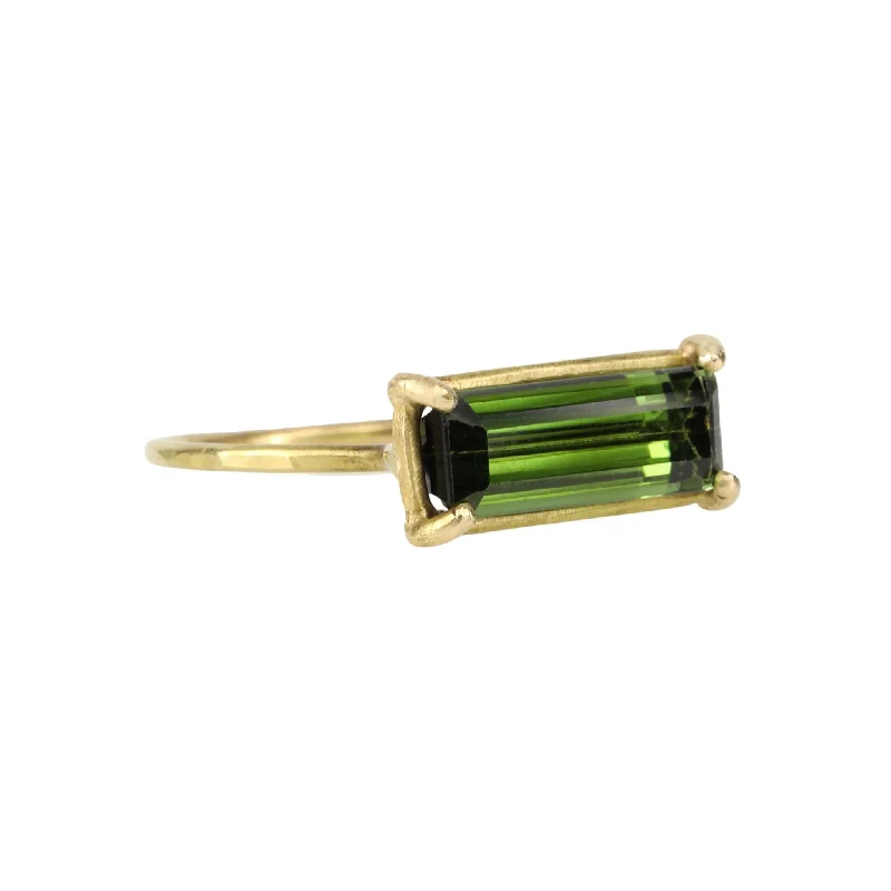 18 Karat Yellow Gold Prong-Set Emerald Cut Green Tourmaline "Mini Gem" Ring