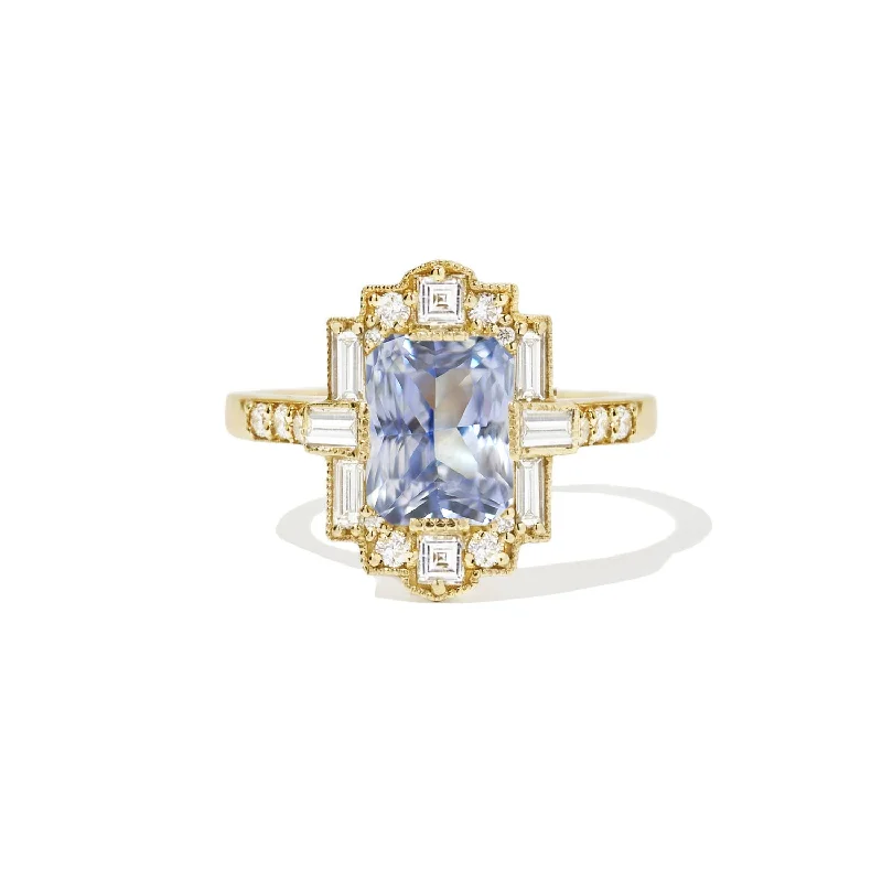 Light Blue Radiant Sapphire Deco Emerald Cut Diamond Mosaic Ring