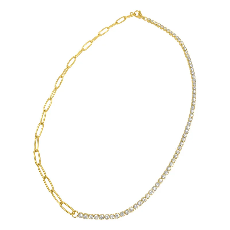 Adornia Half Tennis Necklace and Paper Clip Chain gold