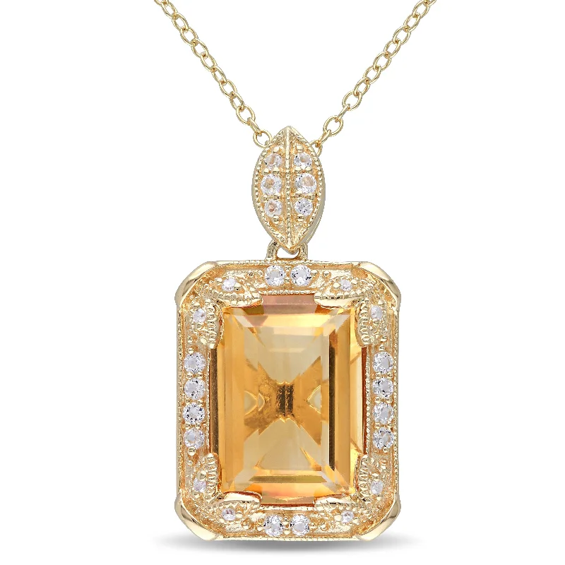 Mimi & Max 6 3/4ct TGW Emerald Cut Citrine-White Topaz and Diamond Halo Necklace in Yellow Silver