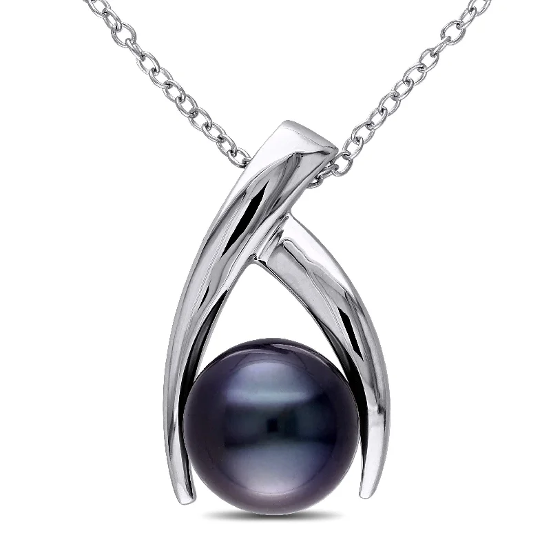 Mimi & Max 9.5-10mm Black Tahitian Pearl Crisscross Necklace in Sterling Silver