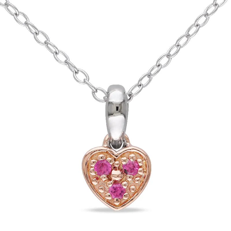 Mimi & Max Created Pink Sapphire Trillium Heart Child's Necklace in Two-Tone Rose and White Sterling Silver