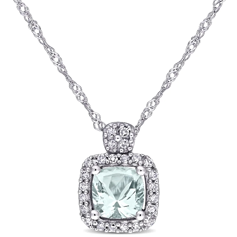 Mimi & Max Cushion Cut Aquamarine and 1/10ct TW Diamond Necklace in 10k White Gold