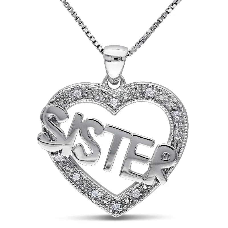 Mimi & Max Diamond Heart "Sister" Necklace in Sterling Silver