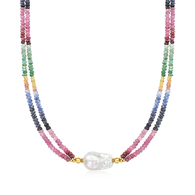 Ross-Simons 22x14mm Cultured Baroque Pearl and Multicolored Sapphire Bead Necklace With 18kt Gold Over Sterling