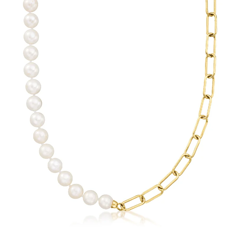 Ross-Simons 8-8.5mm Cultured Pearl and Paper Clip Link Necklace in 18kt Gold Over Sterling