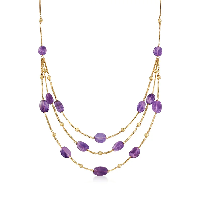 Ross-Simons Amethyst Bead Station Necklace in 18kt Gold Over Sterling