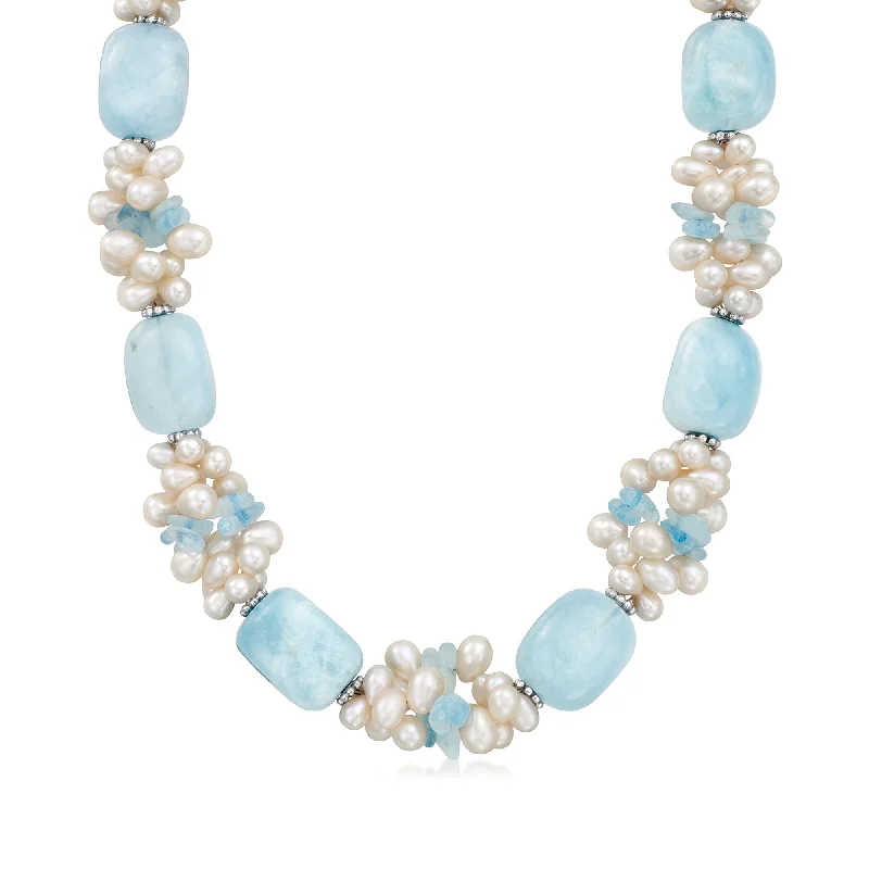 Ross-Simons Aquamarine Bead and 4-6mm Cultured Pearl Necklace With Sterling Silver