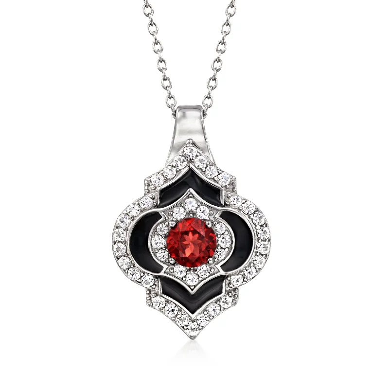 Ross-Simons Garnet and Black Enamel Pendant Necklace With . White Topaz in Sterling Silver