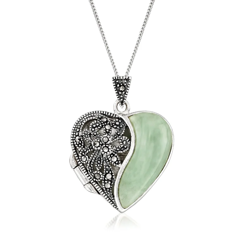 Ross-Simons Jade and Marcasite Heart Locket Necklace in Sterling Silver