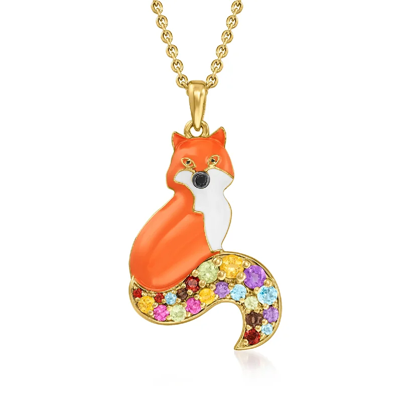 Ross-Simons Multi-Gemstone and Multicolored Enamel Fox Pendant Necklace in 18kt Gold Over Sterling