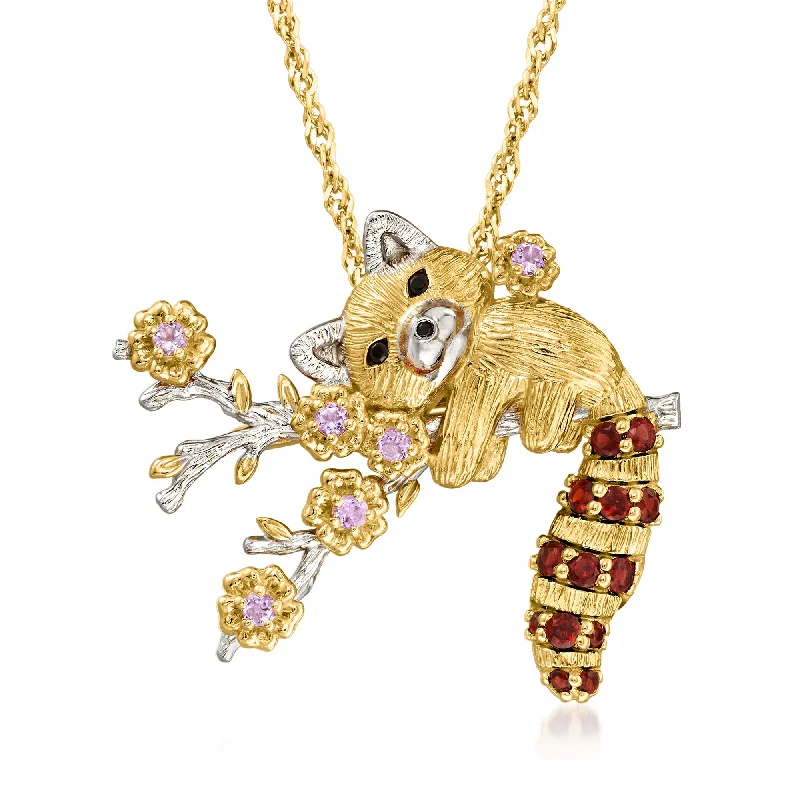 Ross-Simons Multi-Gemstone Red Panda Pin/Pendant Necklace in 18kt Gold Over Sterling