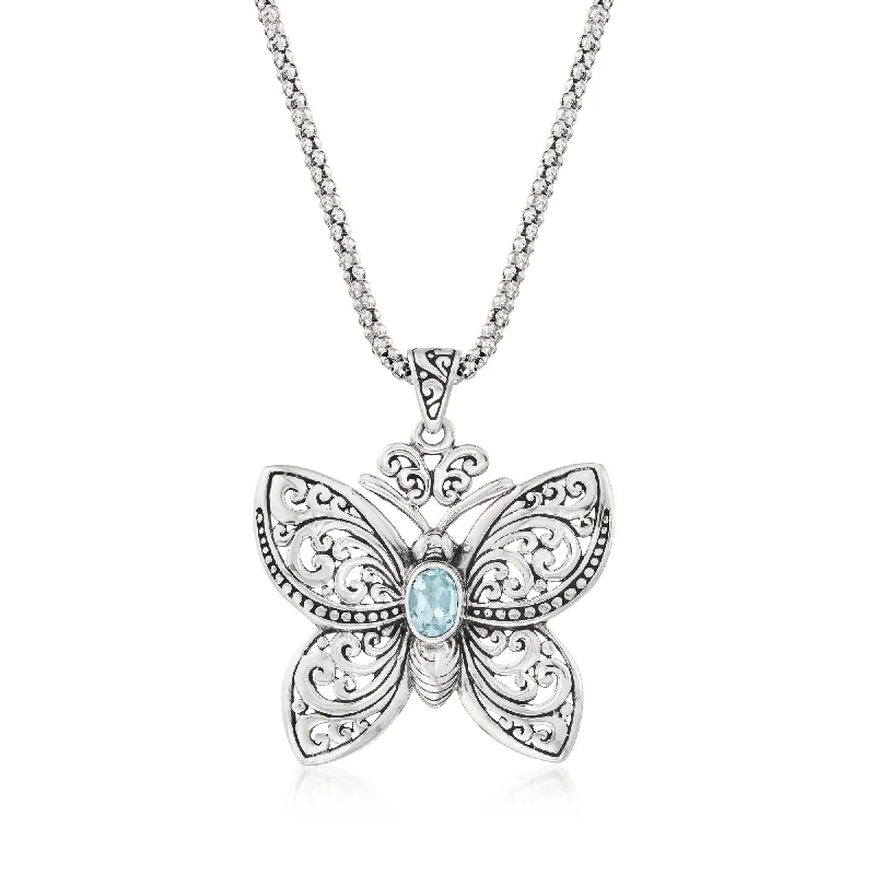 Ross-Simons Sky Blue Topaz Bali-Style Butterfly Pendant Necklace in Sterling Silver