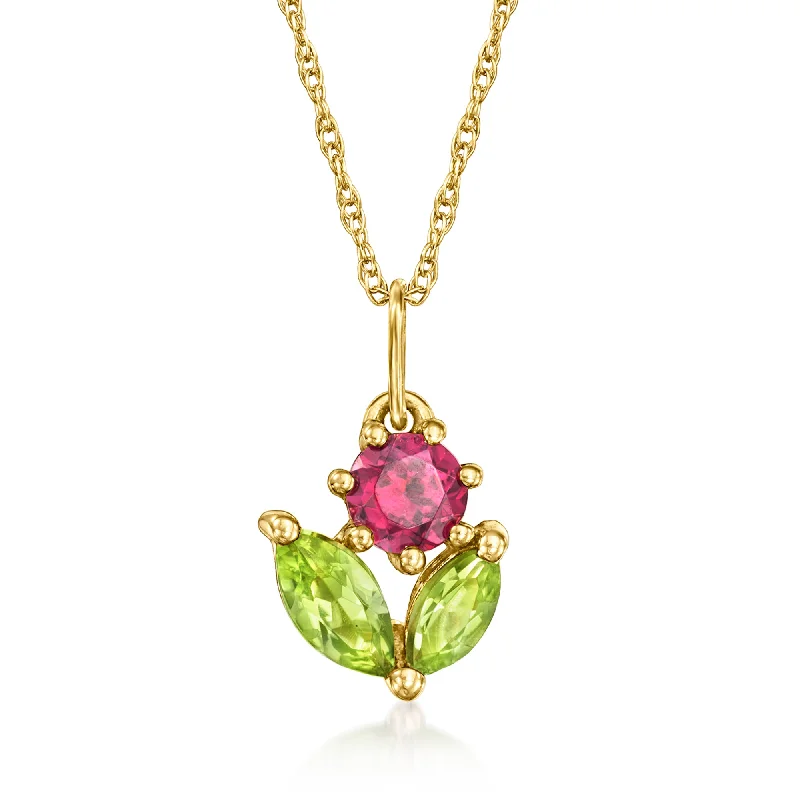 RS Pure by Ross-Simons Rhodolite Garnet and . Peridot Flower Pendant Necklace in 14kt Yellow Gold