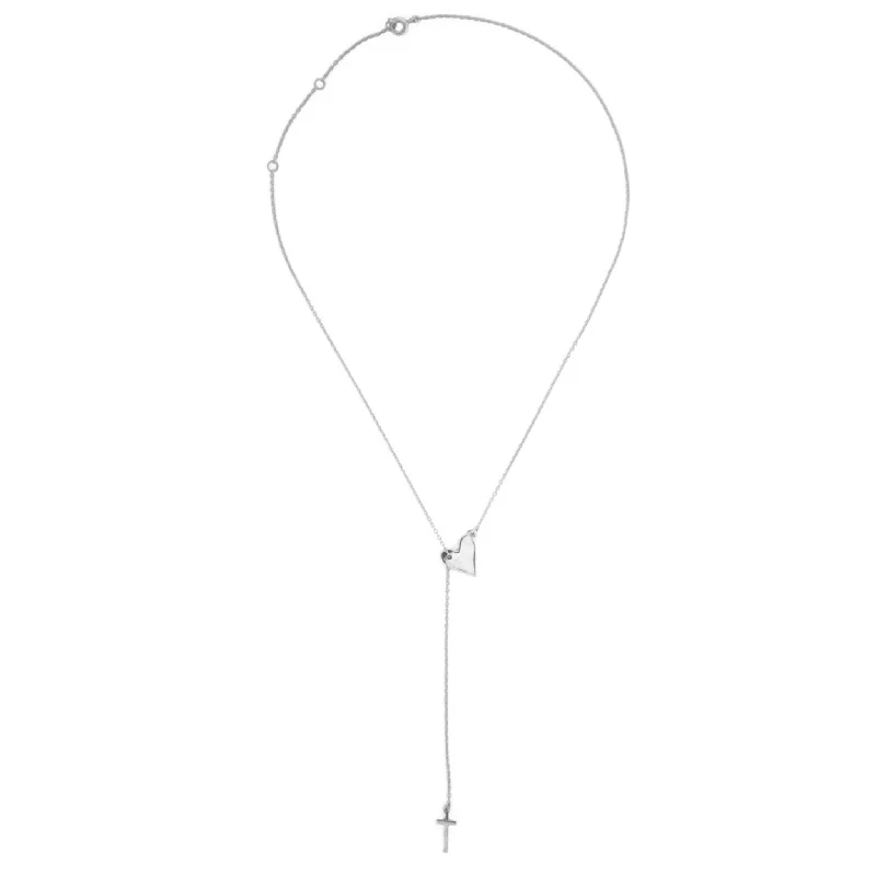 Silver Plated Heart and Cross Adjustable Lariat Necklace