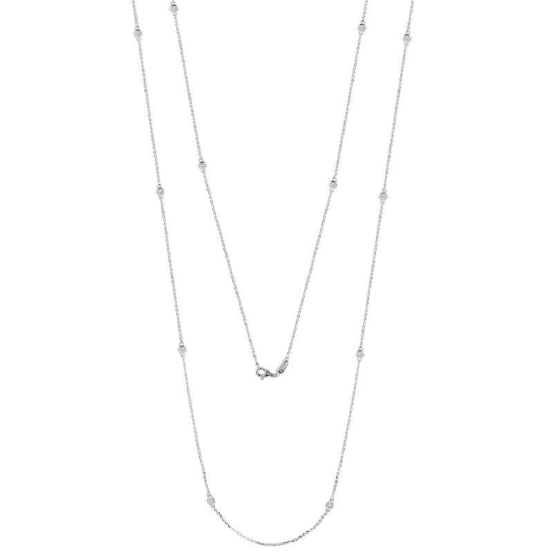 Suzy Levian 14k White Gold 1.70 CTTW Bezel Diamond Station Necklace (36 inch)