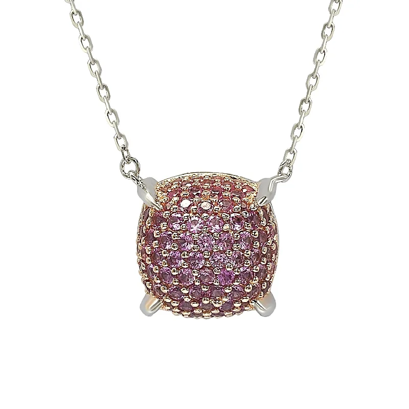 Suzy Levian Sterling Silver Pink Sapphire & Diamond Accent Pave Cluster Necklace