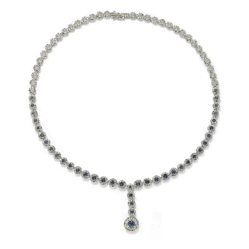 Suzy Levian Sterling Silver Round-Cut Y-Shaped Blue Sapphire & Diamond Accent Necklace