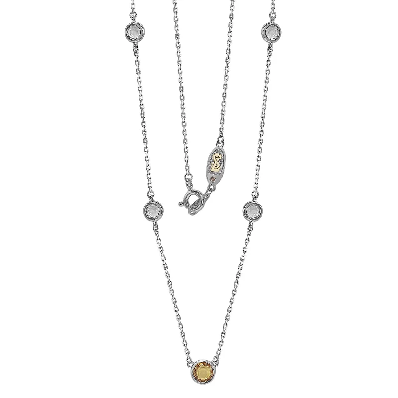 Suzy Levian Yellow Sapphire & Diamond Accent (1.50cttw) White Sterling Silver 5 Stone Station Necklace