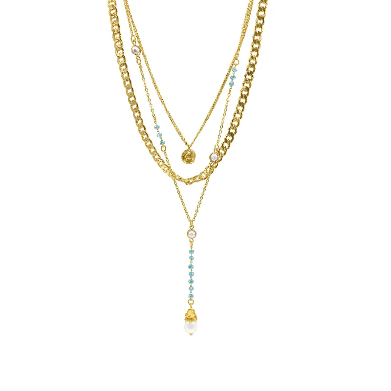 14k Gold Plated Freshwater Pearl and Turquoise Beaded Layered Necklace