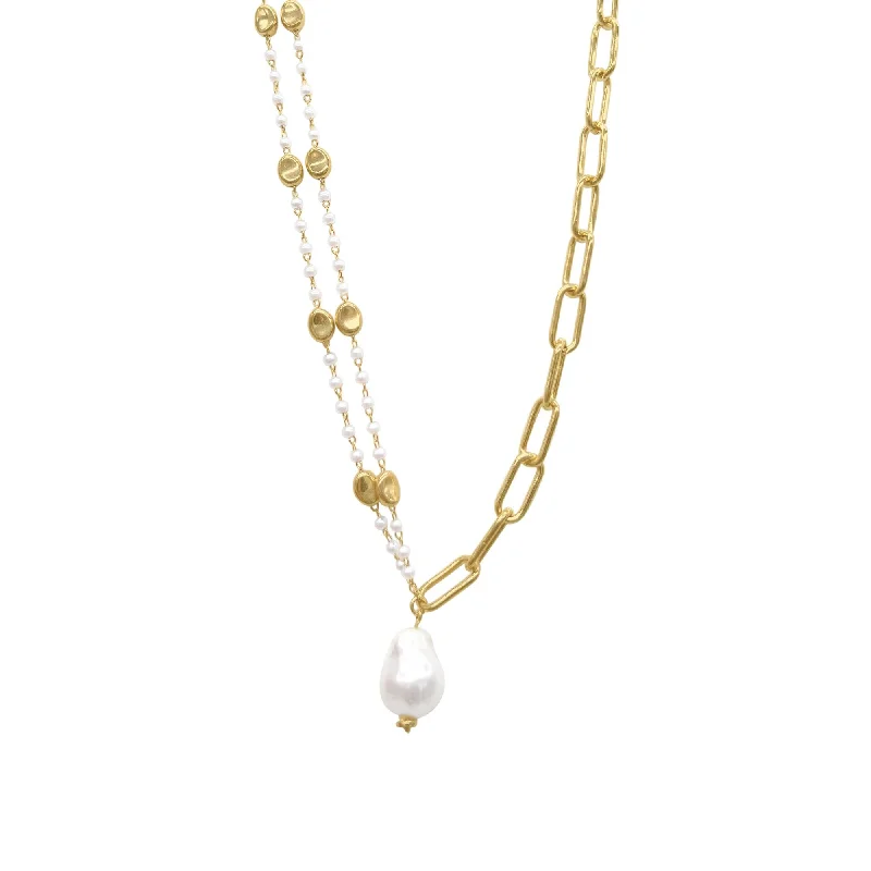 14k Gold Plated Mixed Rosary and Paper Clip Chain Necklace with Freshwater Pearl Drop