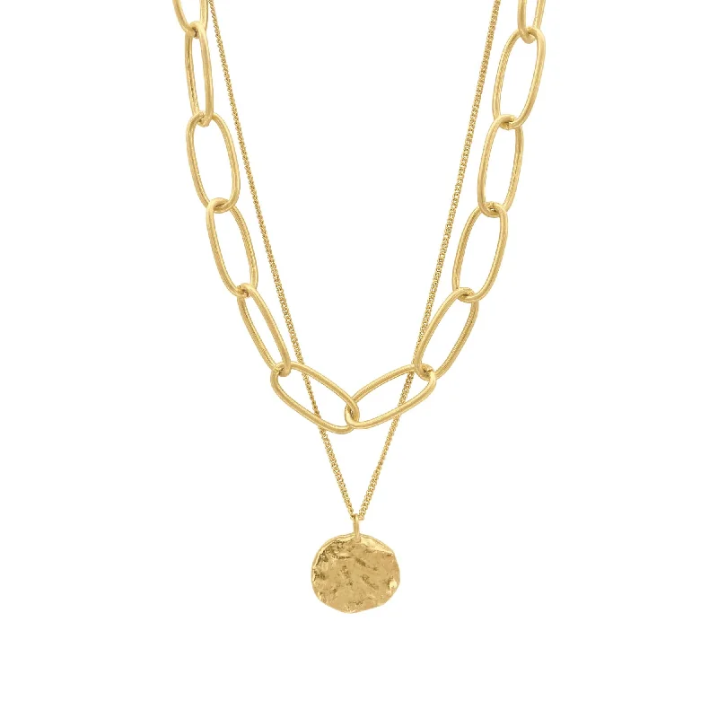 14k Gold Plated Oval Link Chain and Coin Pendant Layered Necklace