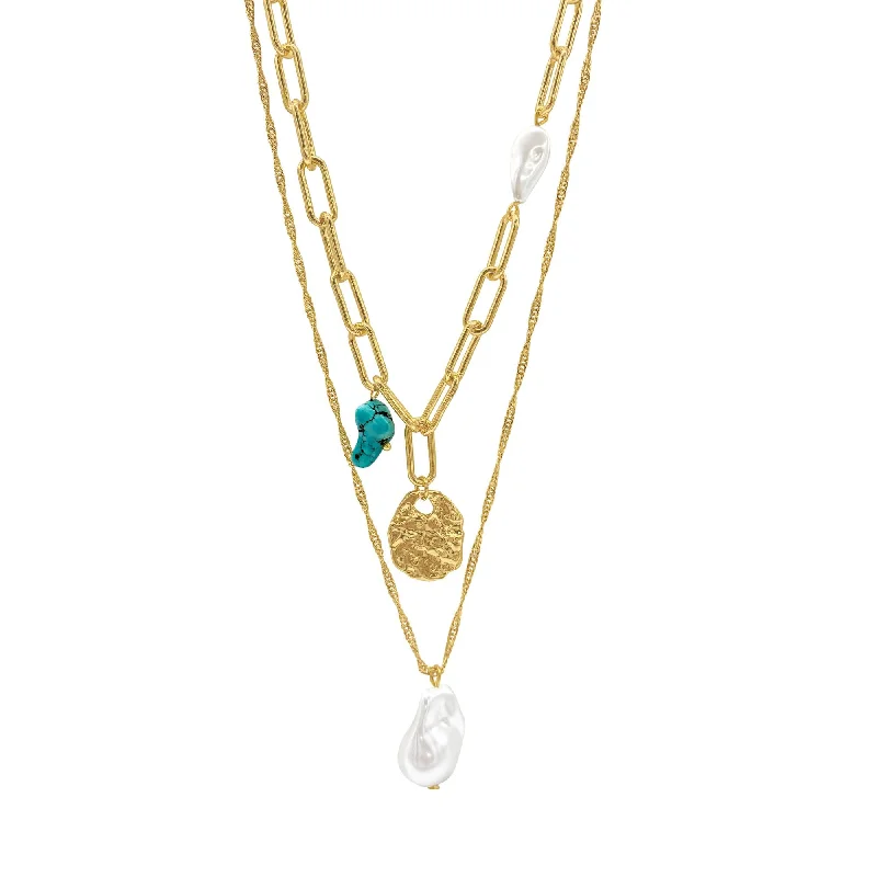 14k Gold Plated Pearl and Turquoise Stone Pendants Layered Necklace