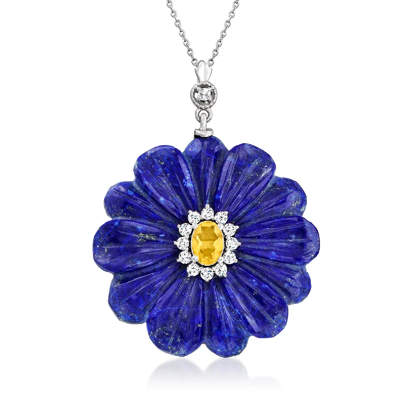 Ross-Simons Lapis and . Citrine Flower Pendant Necklace With . White Topaz in Sterling Silver