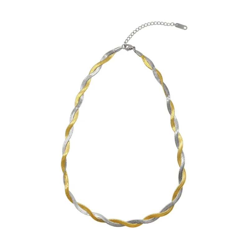 Tarnish Resistant 14k Gold Plated Interlaced Gold and Silver Herringbone Chain Necklace