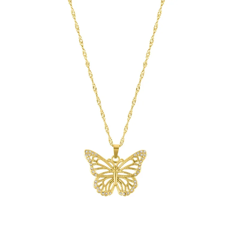 Tarnish Resistant 14k Gold Plated Pave Butterfly Necklace