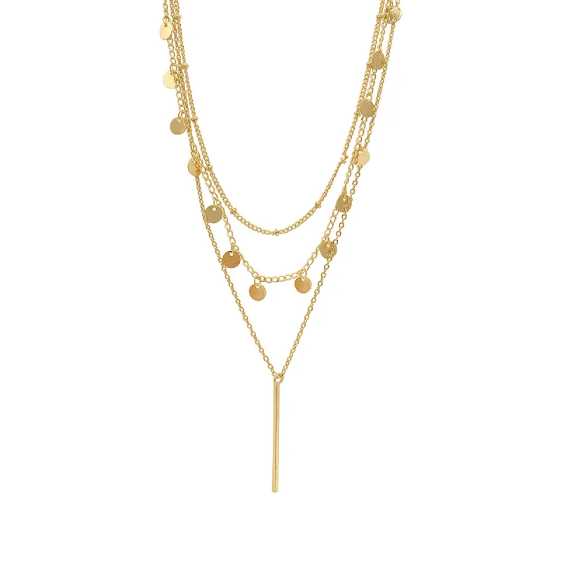 Tarnish Resistant 14k Gold Plated Triplet Confetti and Bar Layered Set Necklace