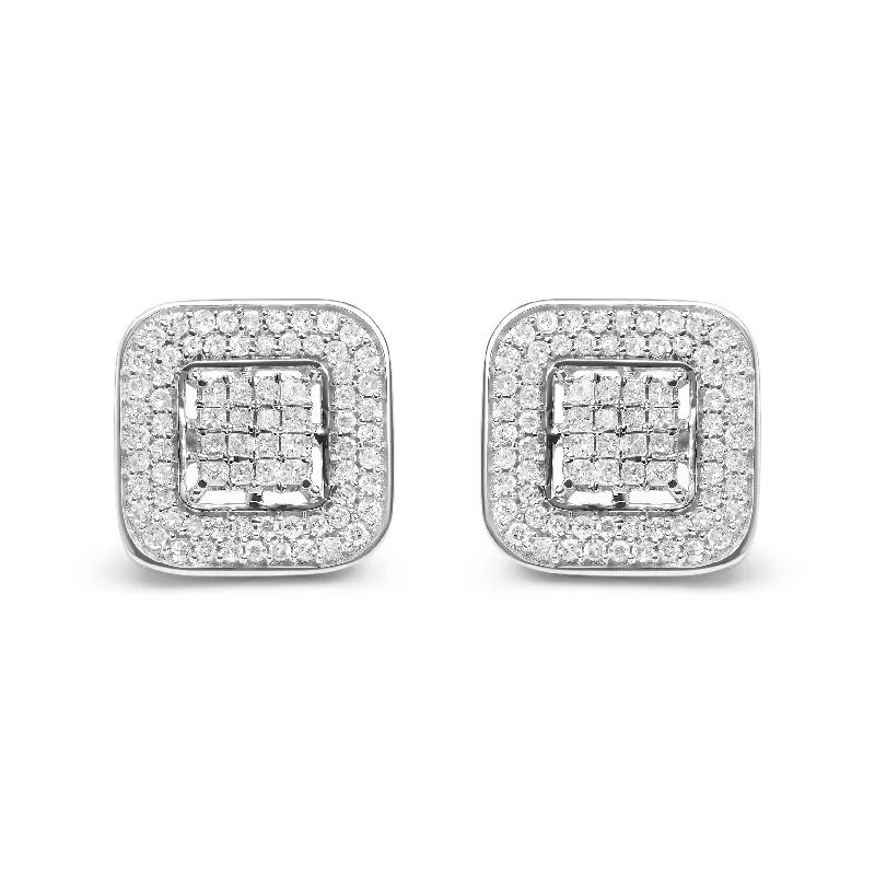 10K White Gold 1.0 Cttw Round and Princess Cut Diamond Composite Open Halo Stud Earrings