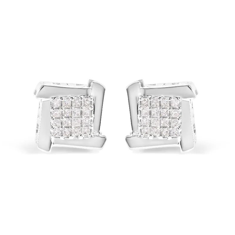 10K White Gold 1/2 Cttw Composite  Princess Diamond Square and Swirl Stud Earrings