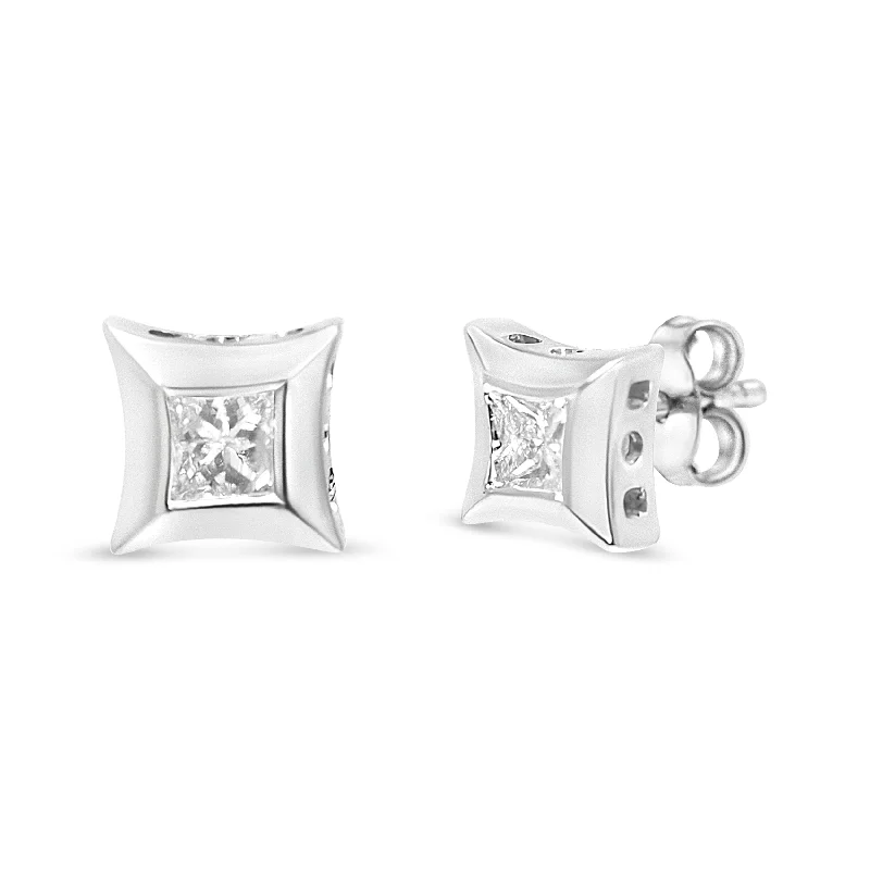 10K White Gold 1/3 Cttw Invisible Set Style Princess-Cut Diamond Stud Earrings