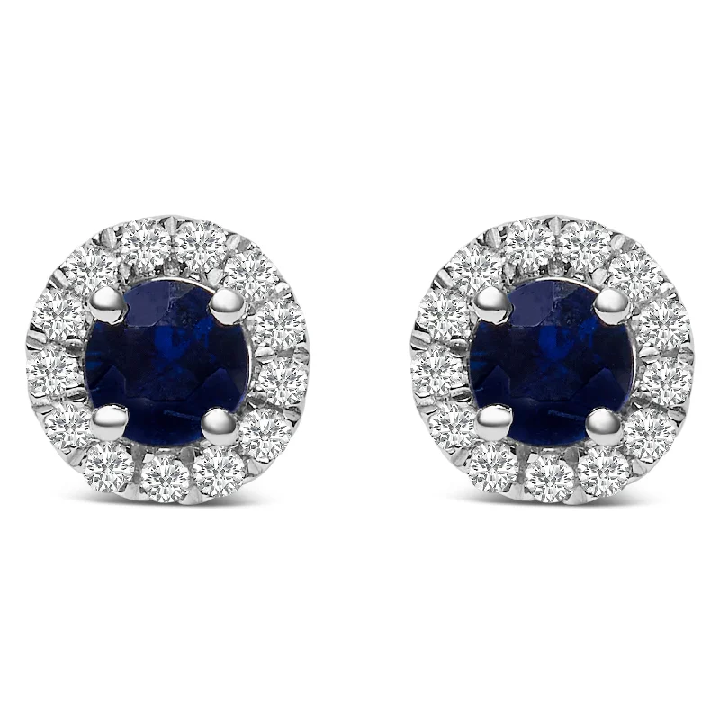 10K White Gold 3.25mm x 3.25mm Round Blue Sapphire and 1/10 Cttw Diamond Halo Stud Earrings