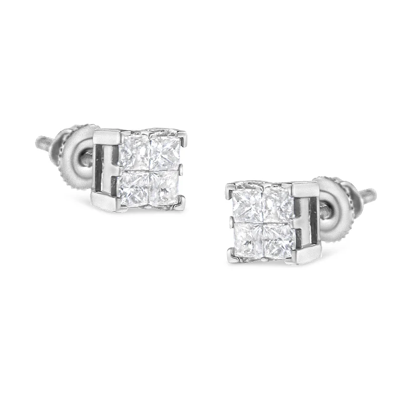 10K White Gold 3/4 Cttw Invisible Set Princess-Cut Diamond Composite Square Stud Earrings