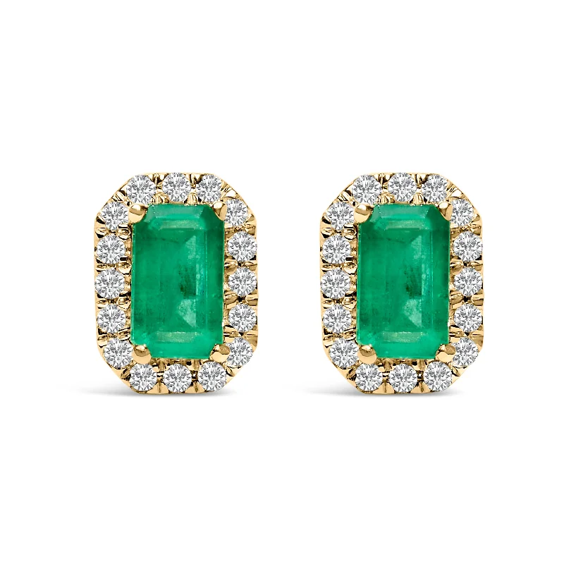 10K Yellow Gold 5x3mm Emerald-Cut Green Emerald and 1/7 Cttw Diamond Halo Octagonal Stud Earrings