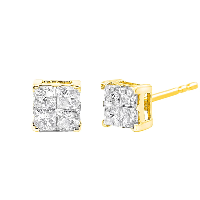 10K Yellow Gold Plated .925 Sterling Silver 1.0 Cttw Princess-Cut Diamond Composite Multi Stone Stud Earrings