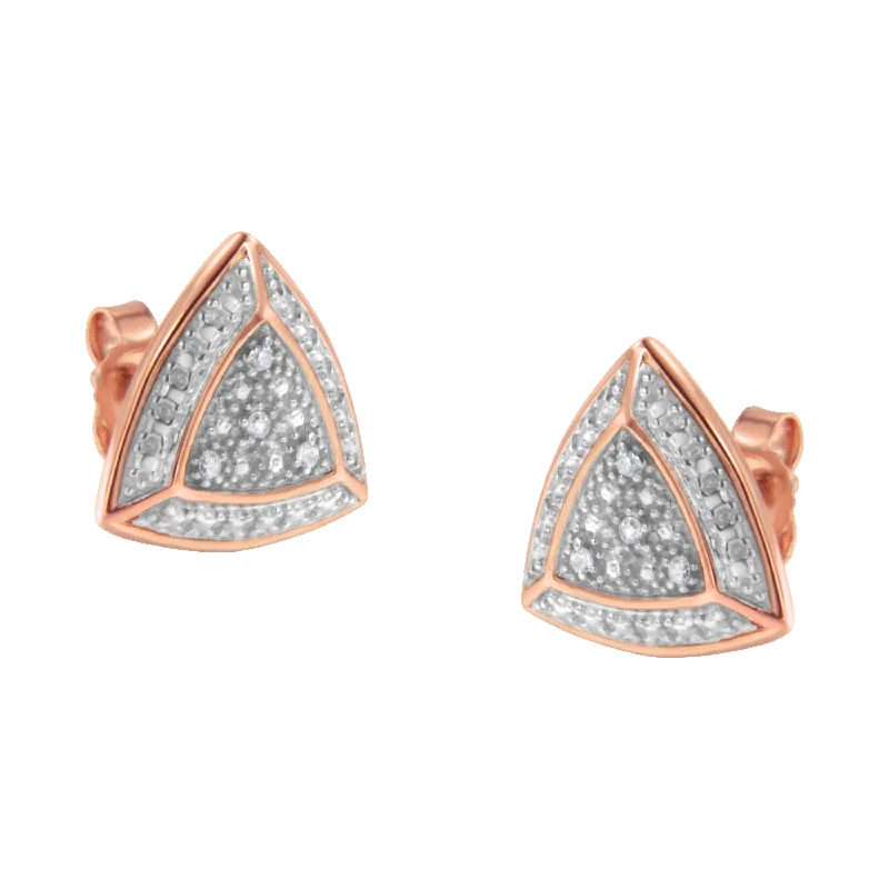 14K Rose Gold over .925 Sterling Silver Diamond-Accented Trillion Shaped 4-Stone Halo-Style Stud Earrings