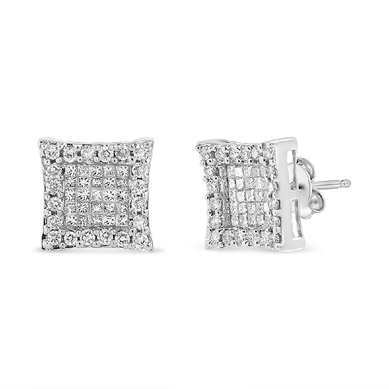 14K White Gold 1.00 Cttw Princess And Round-Cut Diamond Square Stud Earrings