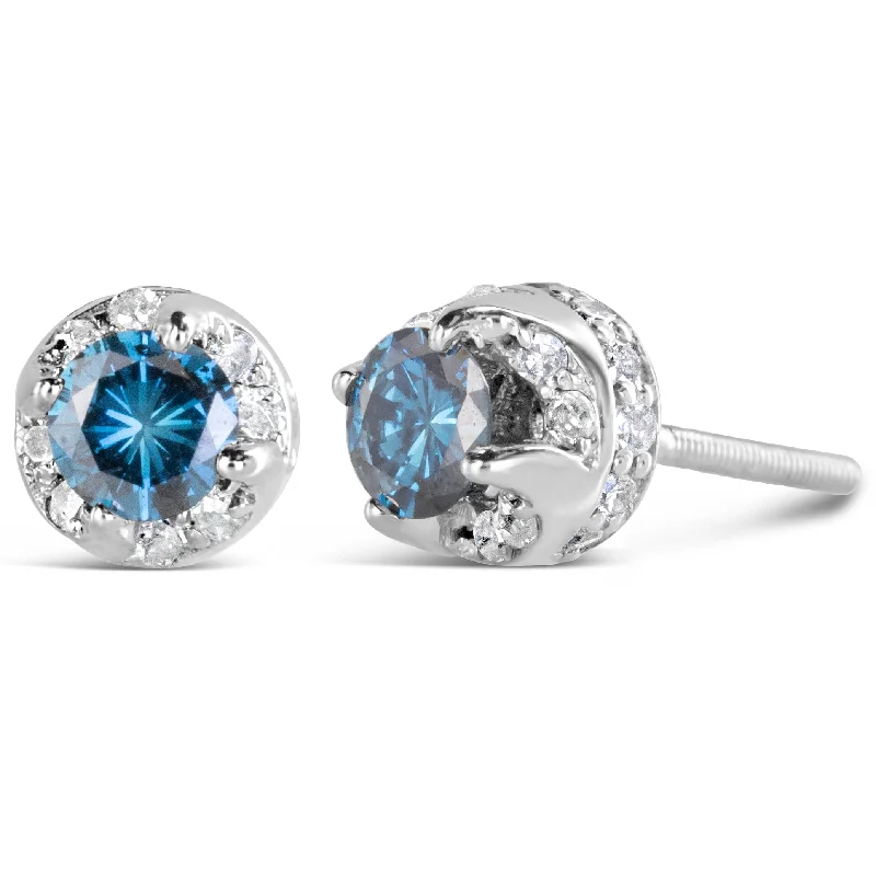 14K White Gold 1.00 Cttw Treated Blue and White Diamond Hidden Halo Stud Earrings