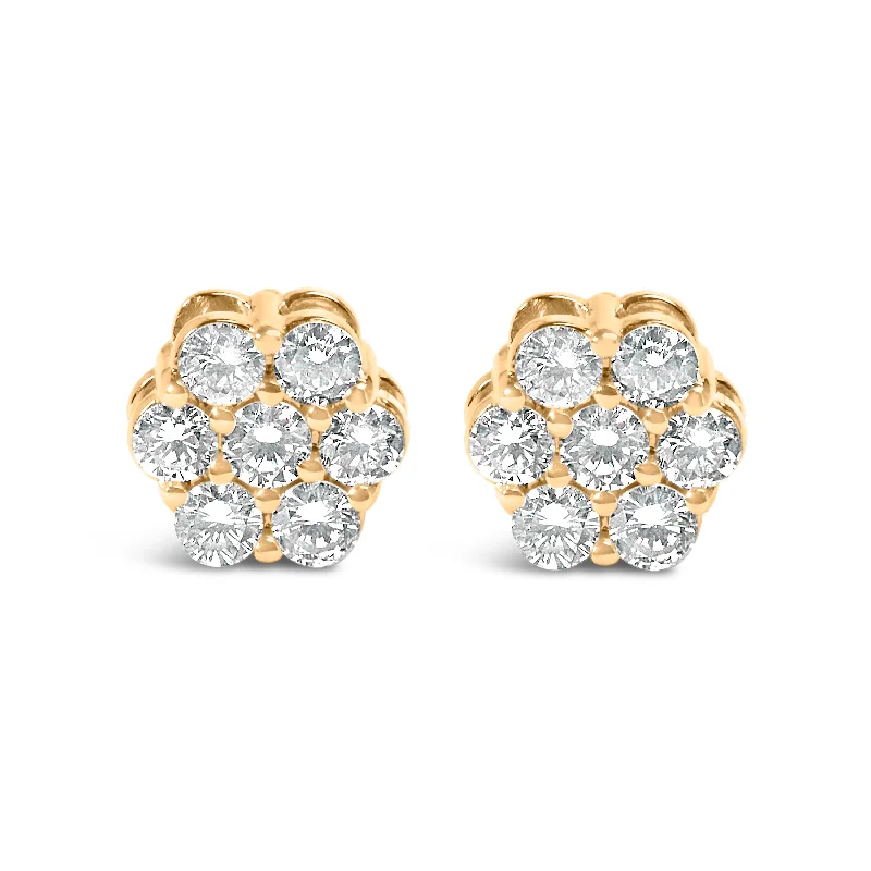 14K White Gold 7 Stone Floral Cluster Round Brilliant Cut Diamond Stud Earrings with Screw Backs(I-J, SI2-I1)