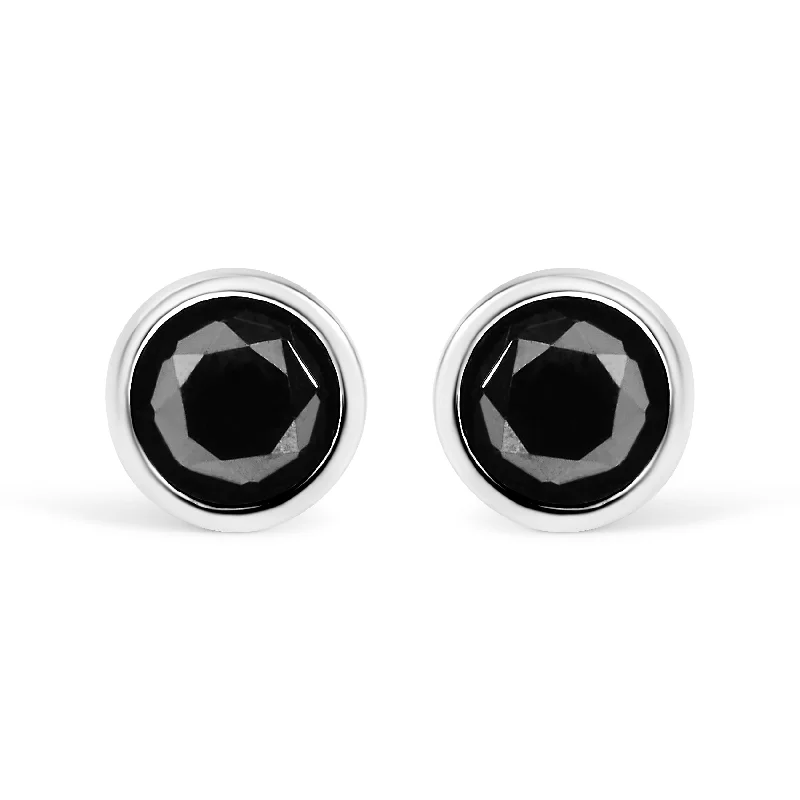 14K White Gold Round Brilliant-Cut Black Diamond Bezel-Set Stud Earrings with Screw Backs