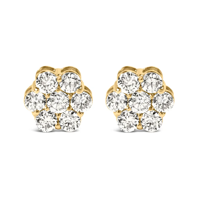 14K Yellow Gold 1 1/2 Cttw 7 Stone Floral Cluster Round Brilliant Cut Diamond Stud Earrings with Screw Backs