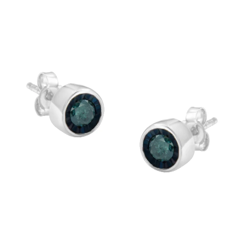 .925 Sterling Silver 0.40 Cttw Round Brilliant-Cut Blue Diamond Miracle-Set Stud Earrings