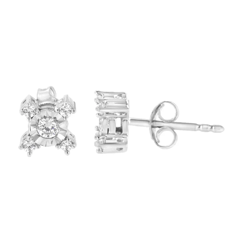 .925 Sterling Silver 1/4 Cttw Miracle Plate Set Round and Princess-Cut Diamond "X" Shaped Stud Earrings