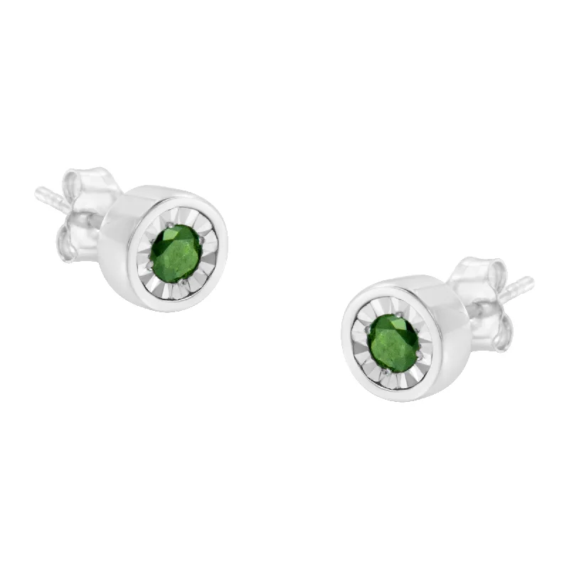 .925 Sterling Silver 1/4 Cttw Round Brilliant-Cut Green Diamond Miracle-Set Stud Earrings