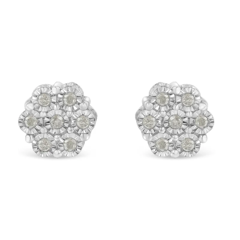 .925 Sterling Silver 1/4 Cttw Round-Cut Diamond Miracle-Set Floral Cluster Button Stud Earrings