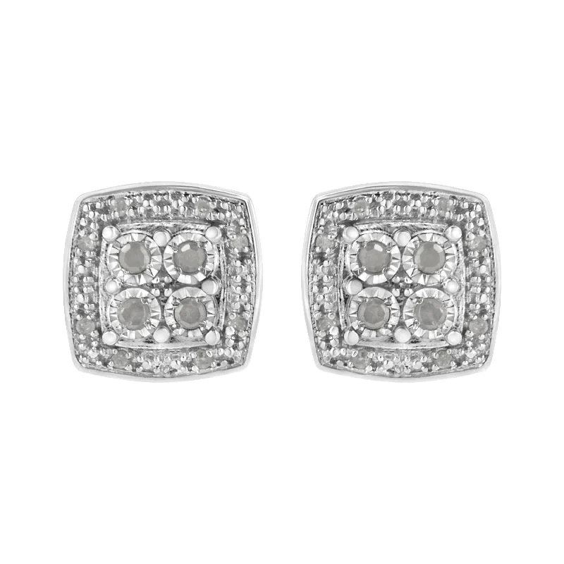 .925 Sterling Silver 1/4 cttw Round Cut Diamond Square Shape Milgrain Stud Earrings